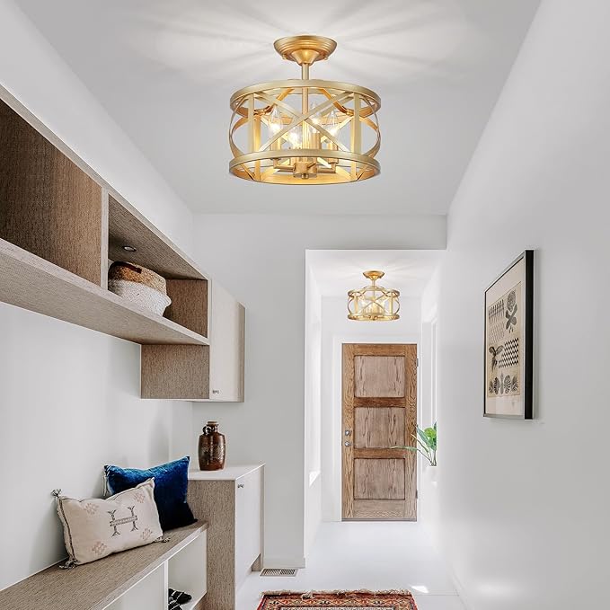 LOOYD Semi Flush Mount Ceiling Light Fixture Vintage Ceiling Light Farmhouse Ceiling Light Metal Cage Ceiling Lamp for Kitchen Dining Room Hallwa Bedroom Living Room (Gold)