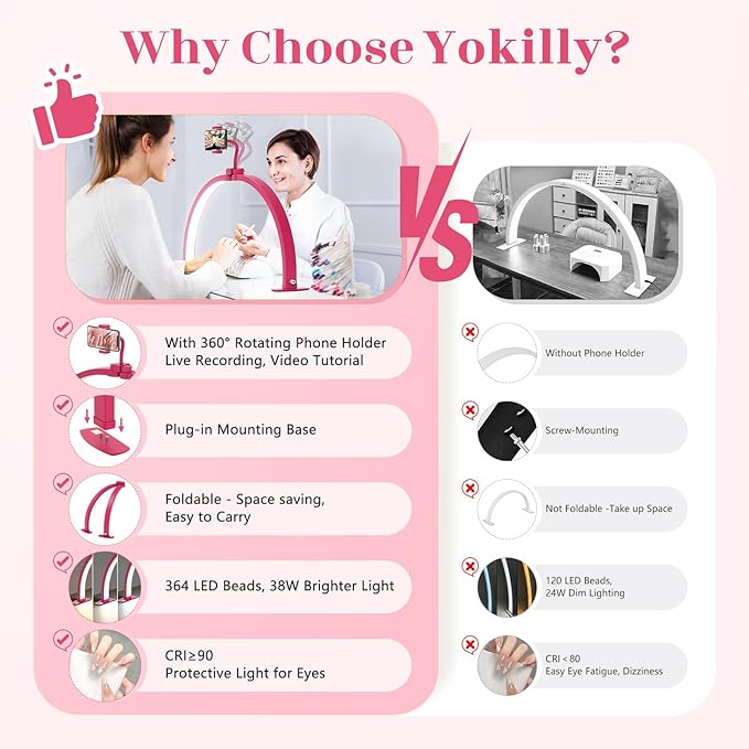 Yokilly Half Moon Light for Nail Desk: 29" Foldable Half Moon Desk Lamp with Phone Holder for Beginner - Arch Nail Tech Light with 3 Color Modes & 10 Brightness for Manicure Salon (Rose Red, Large)