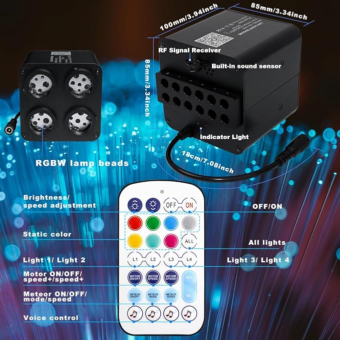 AMKI Updated 4Color Meteor Twinkle 36w Starlight Headliner Kits 800pcs 0.03in 13.1ft, 240pcs RGB Meteor Shooting Star Cable, 2 in 1 Fiber Optic Light Box RGBW Sound Activated Mode for Car& Home Decor