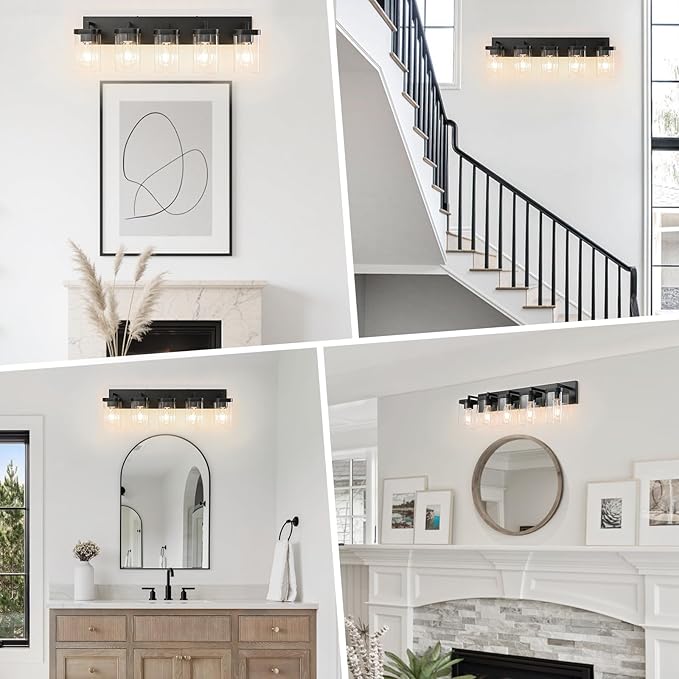 5-Light Bathroom Lighting Fixtures over Mirror, Matte Black Vanity Lights with Square Transparent Glass Shade, Modern Bathroom Vanity Light for Mirror Kitchen, Living Room, Gallery, Hallway