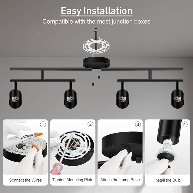 Track Lighting Kit, LED Track Lighting Fixtures Ceiling, 30" Black Ceiling Spotlights, 4 Light Kitchen Light Fixtures, Spot Light with Rotatable Heads, Track Lights for Bedroom(GU10 Socket, NO Bulb)