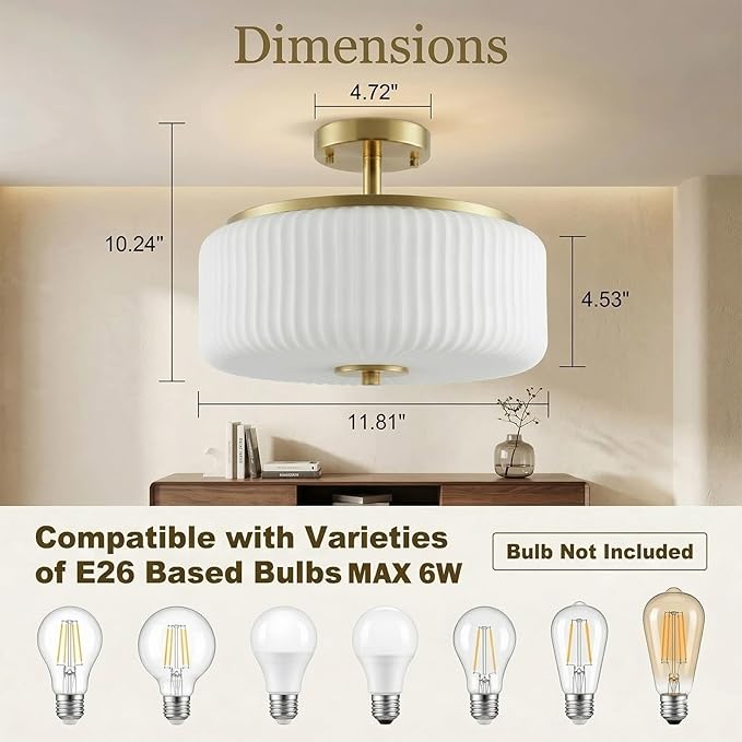 3-Light Gold Semi Flush Mount Ceiling Light, 11.8" Modern Schoolhouse Light Fixtures Ceiling Mount with Ribbed Opal Glass Shade, Anti-Glare Close to Ceiling Lamp for Bedroom Kitchen Hallway Entryway