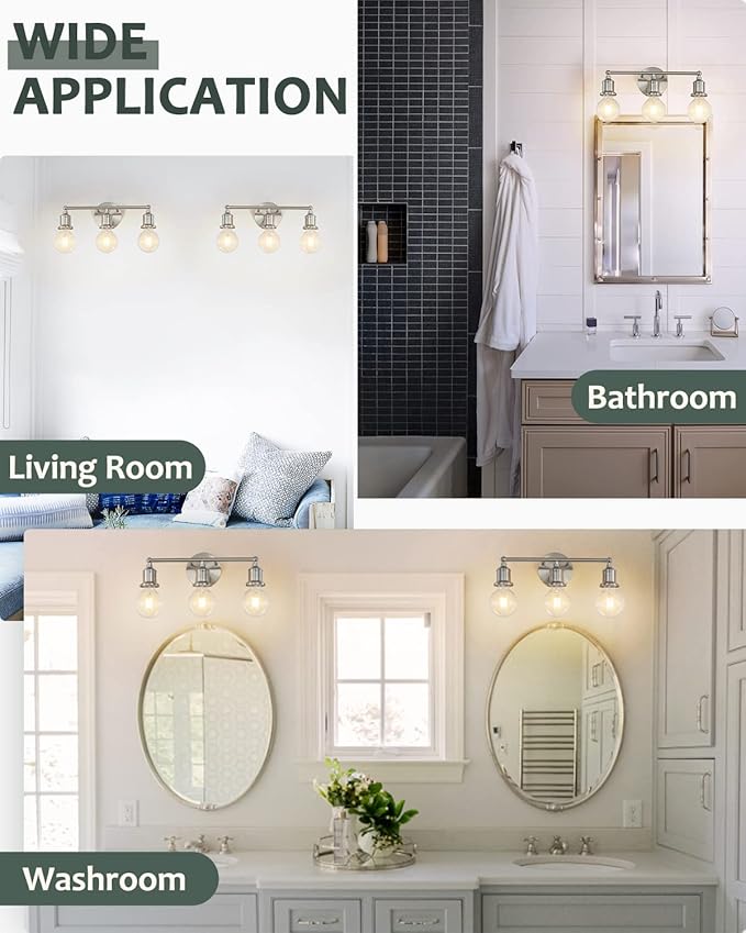 3-Light Vanity Light Fixture, Modern Brushed Nickel Wall Sconce Light Fixture, Farmhouse Silver Bathroom Wall Lighting for Over Mirror, E26 Base Wall Lamp for Bedroom (Bulb Not Included)