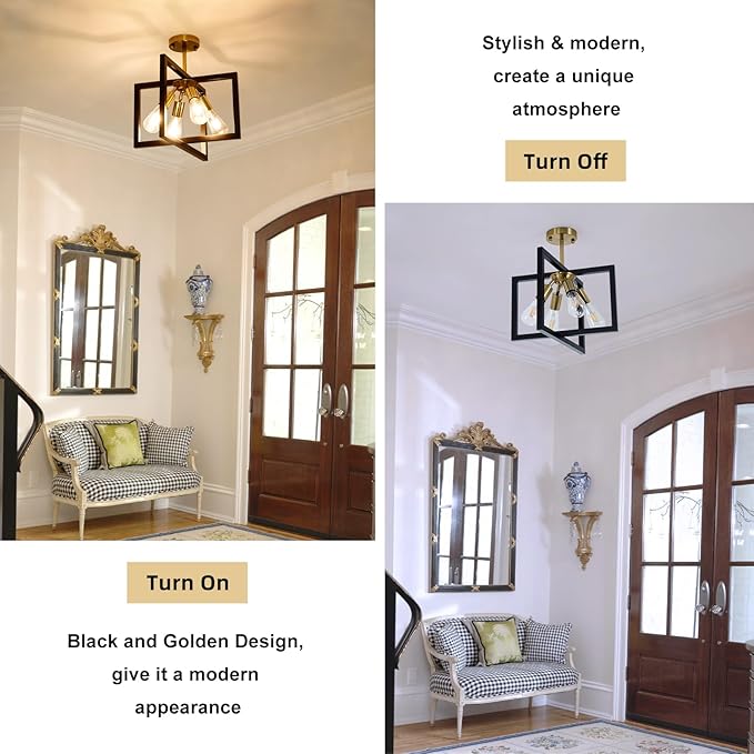 Farmhouse Industrial Ceiling Light Fixtures, 4-Light Vintage Modern Rectangle Black Gold Flush Mount Light Fixture with Rotatable Metal Square Frame for Kitchen Hallway Entryway Foyer Living Bedroom