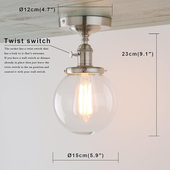 PERMO Modern Small Semi Flush Mount Ceiling Pendant Light Glass Ceiling Lights Hallway Fixtures with Flate Ribbed Glass Lampshade, 1-Light (Brushed, 301)