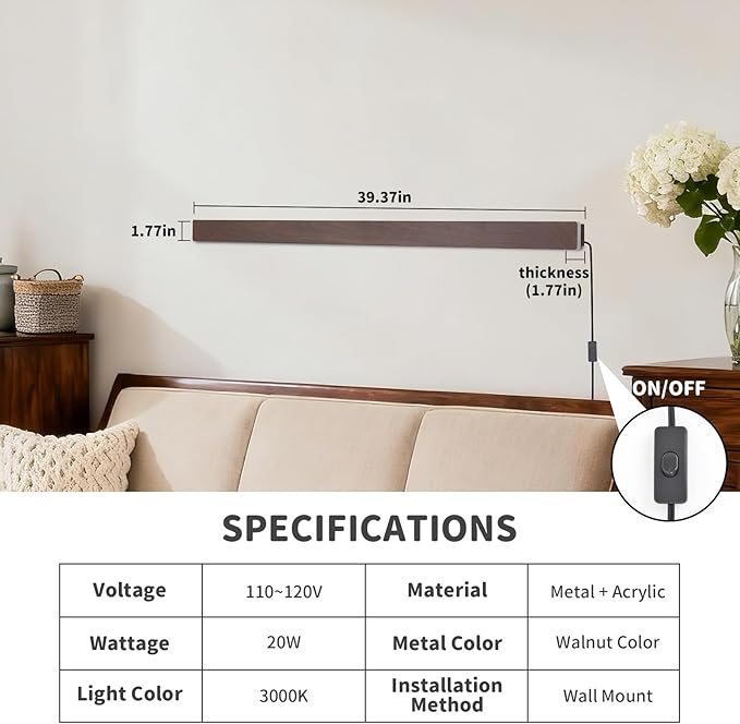 KELUOLY Farmhouse Plug in Long Wall Sconce, 39.3" Faux Walnut Finish LED Wall Lights, 20W Warm White 3000K Acrylic Indoor Wall lamp, with 59" Plug Cable for Bedroom, Living Room, Hallway
