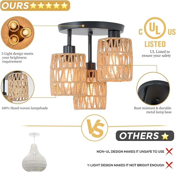 3-Lights Woven Rattan Ceiling Light Fixture,Farmhouse Hand-Woven Cage Semi Flush Mount Light, Boho Coastal Natural Basket Close to Ceiling Light for Bedroom Hallway Corridor Nursery