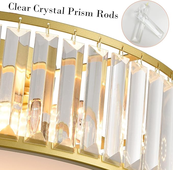 Gold Flush Mount Ceiling Light Crystal Ceiling Light Fixtures Modern 4-Light Drum Shade Flush Mount Crystal Ceiling Lighting for Living Room Bedroom, 16-Inch