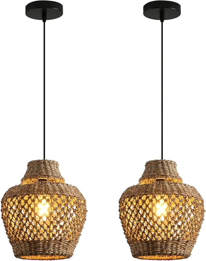 Rattan Pendant Light Fixtures,11.02" Boho Rattan Pendant Light,2-Pack Hand Woven Seagrass Chandelier for Workplace Occasions Restaurants Dining Living Bedroom Kitchen Farmhouse