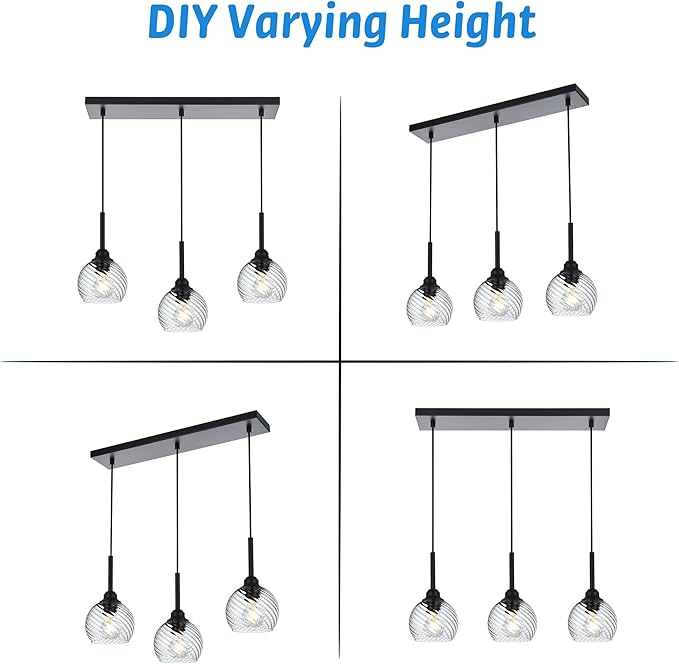 3 Light Linear Island Lights with Striped Swirl Globe Glass, Black Kitchen Hanging Pendant Light Fixture Farmhouse Chandelier for Dining Room Bar Living Room