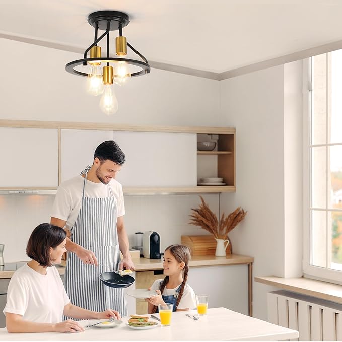 WILON Semi Flush Mount Ceiling Light 3-Light Ceiling Light Fixtures - Industrial Hallway Light Fixtures Black Gold Farmhouse Kitchen Light E26 Socket Ceiling Lamp for Hallway Kitchen Foyer