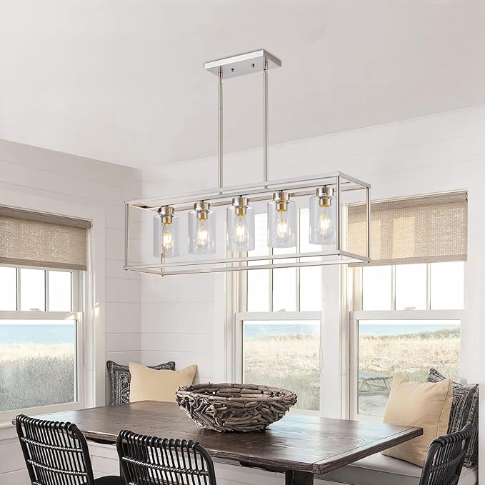 5 Light Dining Room Light Fixture Rectangular Modern Farmhouse Chandelier Brushed Nickel Linear Hanging Pendant Lighting Rectangle for Kitchen Living Room Adjustable Height with Glass Shade