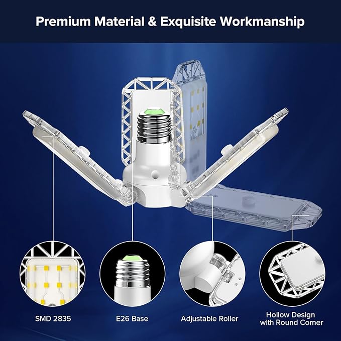 SANSI 3-Panel Deformable LED Garage Light, 300W Equivalent 30W, Garage Lights Ceiling Led,E26 Screw in Adjustable Shop Light with 5000K Daylight, for Garage Workshop Basement, ETL Certified