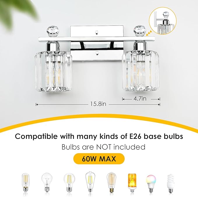 2-Light Silvery Bathroom Light Fixtures,Modern Bathroom Vanity Lights Fixture with Clear Crystal Glass Shade,Brushed Silvery Bath Wall Mount Lights, Light Fixtures for Bedroom Living Room