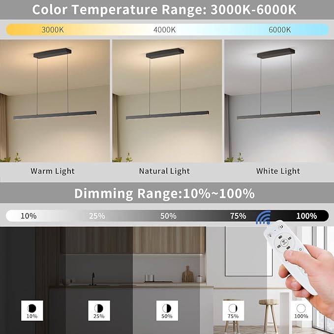 Modern Ceiling Pendant Light,57in LED Black Linear Ceiling Chandelier Light Dining Room,Living Room,Warm & Cool, Neutral Light,Aluminum Island Lighting Hanging Pendant Light for Kitchen