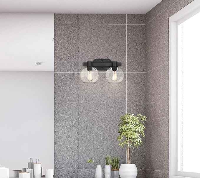 Tawson Dan Modern Farmhouse 2-Light Vanity Light Wall Sconce Lighting with Clear Glass Globe Shade in Light Black Finish for Bedroom, Hallway, Kitchen