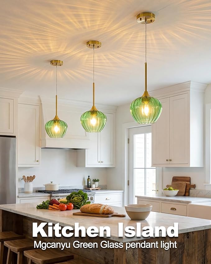 Green Glass Pendant Lights Kitchen Island, 7" Vintage Pendant Lighting with Brushed Gold Adjustable Hanging Light Fixtures for Kitchen, Dining Room, Sink, Bathroom