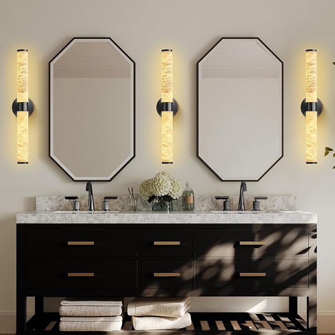 Alabaster Wall Sconces, 24" Black Wall Sconce, Cylinder Natural Spanish Marble Sconces Wall Lighting, Modern Dimmable Wall Lights for Living Room Bedroom Bathroom Hallway Stairs
