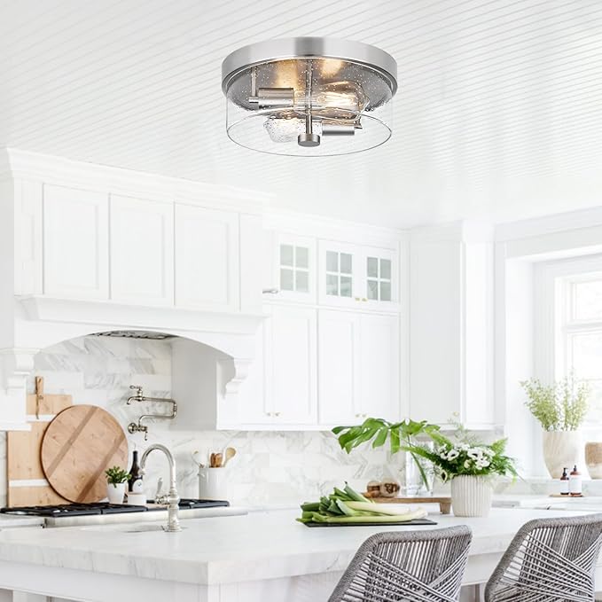 Flush Mount Ceiling Light Fixtures, 2-Light 12 Inch Brushed Nickel Close to Ceiling Light Fixtures with Seeded Glass Shade Ceiling Light Fixture for Porch, Hallway, Bathroom, Dining Room and Foyer