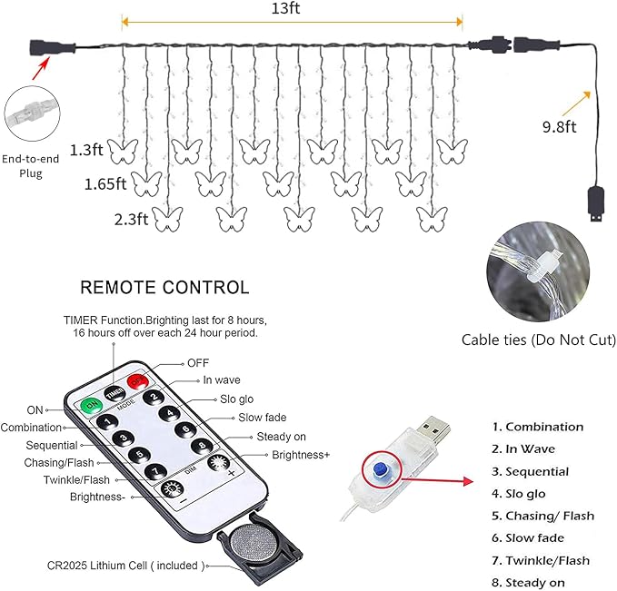 Lainin 12ft/3.5M USB Powered 8 Modes Butterfly Curtain Night Light Strip Icicle Fairy String Light, Perfect for Room Garden Wall Christmas Wedding Indoor/Outdoor Party Decoration - Multi Color