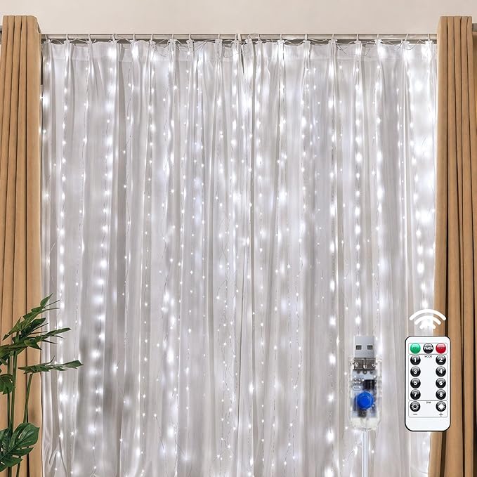 Brightown 300 LED Fairy Curtain Lights, 9.8ft x 9.8ft String Lights, USB Plug in 8 Lighting Modes Christmas String Hanging Lights with Remote for Bedroom Indoor Outdoor Party Xmas White 1 Pack