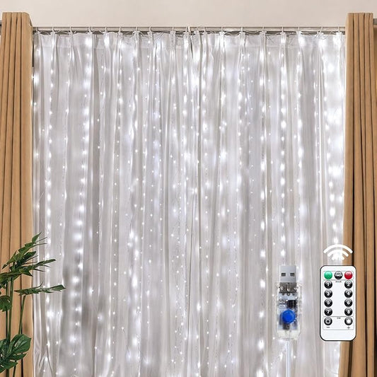 Brightown 300 LED Fairy Curtain Lights, 9.8ft x 9.8ft String Lights, USB Plug in 8 Lighting Modes Christmas String Hanging Lights with Remote for Bedroom Indoor Outdoor Party Xmas White 1 Pack