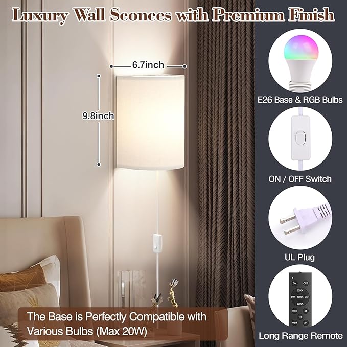 Plug in Wall Sconces Set of Two: Wall Lights with 7 RGB Colors - 3 Color Temperature Wall Mount Lamps with Remote - Fabric Linen Wall Sconc for Bedroom Living Room & Hallway- Indoor Corded Wall Sconce