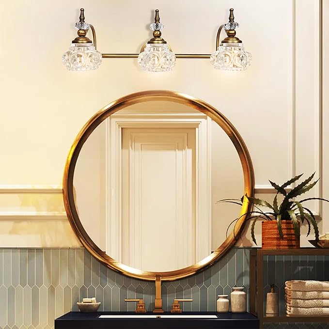 Montex Brass Bathroom Light Fixtures, Gold Vanity Light Vintage, Bathroom Vanity Light Fixtures, Wall Sconces Lighting for Bedroom, Living Room, Hallway, 3 Lights
