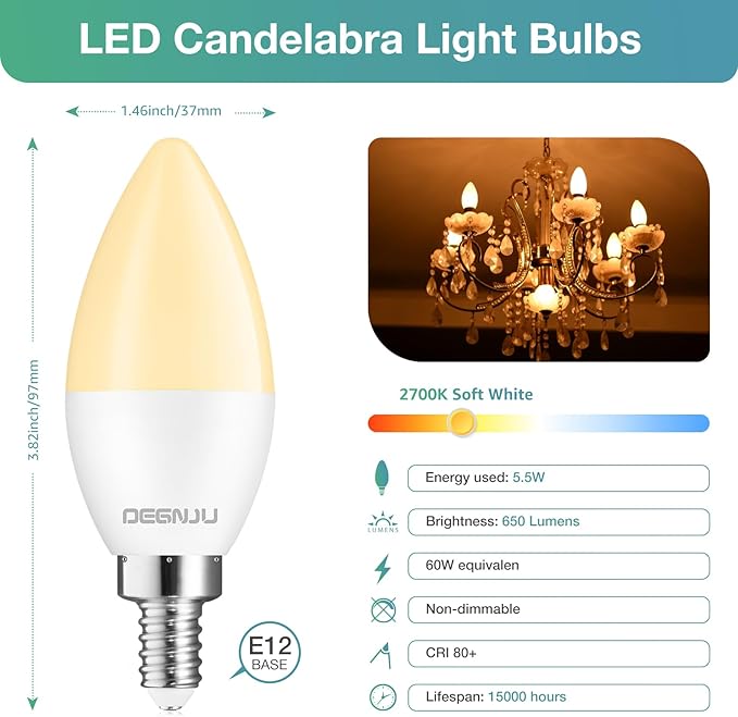 DEGNJU 20 Pack LED Candelabra Light Bulbs 60W Equivalent, Chandelier Light Bulbs Soft White 2700K, E12 LED Bulb, Type B Light Bulb 5.5W, Candelabra Base, 120V, B11 Candle Light Bulb, Non-Dimmable