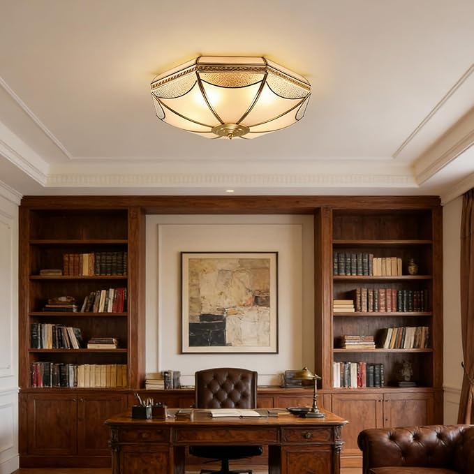 MIXL-Mid Century Modern Brushed Gold Ceiling Light Fixtures,6-Lights Brass Ceiling Lighting with Glass Shade,3-Colors Dimmable Dining Light Fixture, Art Deco Ceiling Lights for Bedroom Study Room