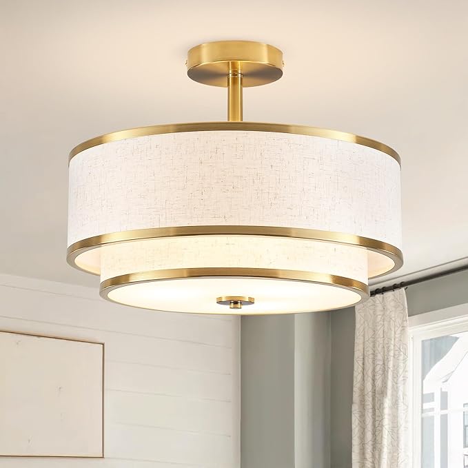 BUXVRCS Semi Flush Mount Ceiling Light Fixture, Modern Light Fixtures Ceiling Mount with Fabric Shade, 3-Light Double Drum Lighting Fixtures Close to Ceiling Light for Bedroom (Gold)