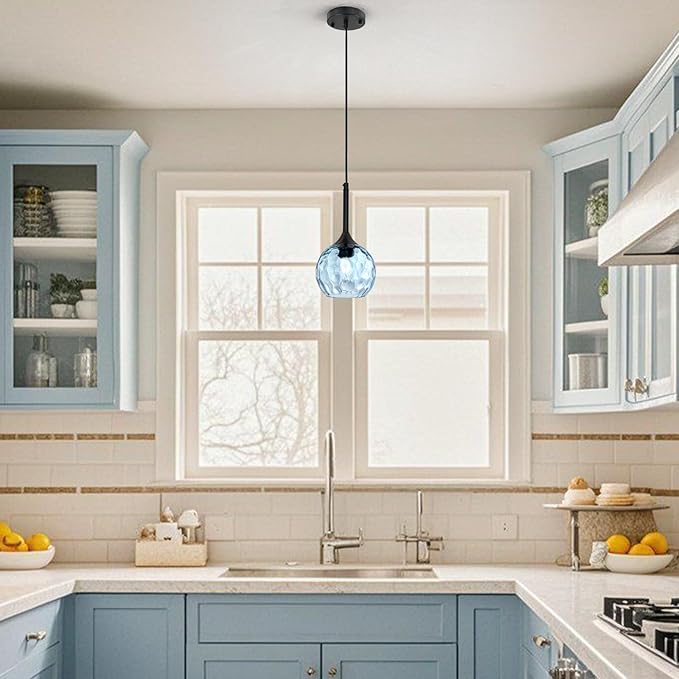 JHLBYL Glass Pendant Lights Kitchen Island: 5.91'' 1-Light Blue Hammered Glass Pendant Light with Black Finish - Modern Minimalist Hanging Light Fixture for Kitchen Sink Dining Room - E26 Base