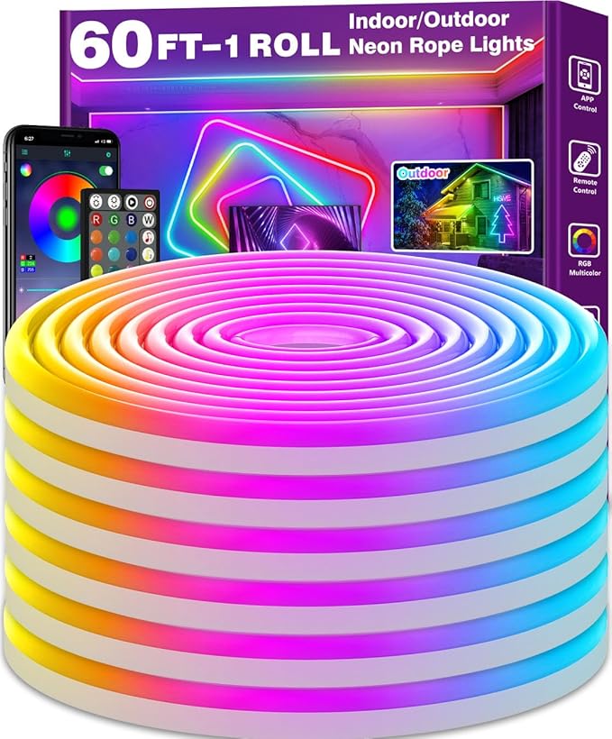 AILBTON 60Ft Neon Rope Lights,Flexible Led Rope Lights Control with App/Remote,Multiple Modes RopeLights,IP65 Outdoor RGB Led Neon Lights NonWater Resistant,Music Sync Gaming Led NeonLight Strip