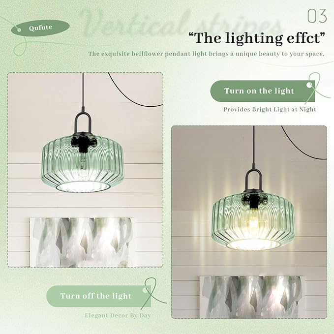 Light Green Hanging Lamp Plug-in Pendant Lights Vintage Pendant Lamps with 14.7 ft Cord Modern Glass Hanging Light Plug in Chandelier Lighting Large Striped Shade Mid Century Swag Lamp
