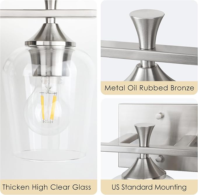3 Light Bathroom Vanity Light - Silver Bathroom Lighting Fixtures Over Mirror, Modern Wall Sconces with Transparent Glass Lampshade for Bedroom Living Room Kitchen Cabinet Stair Hallway