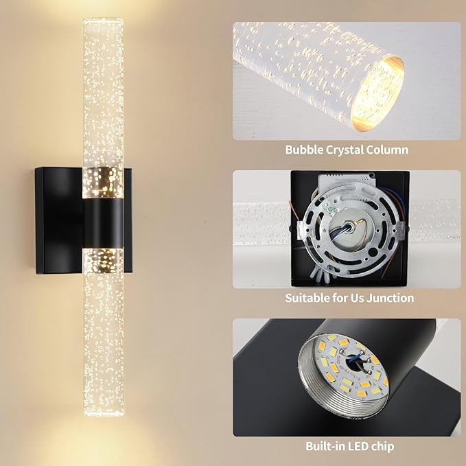 Black Modern LED Wall Sconces Set of Two 3000K-6000K Crystal Bathroom Sconce Lights 12W LED Vanity Light Bar Wall Lights for Bedroom Living Room, 18 Inch, 3 Color Temperature Adjust