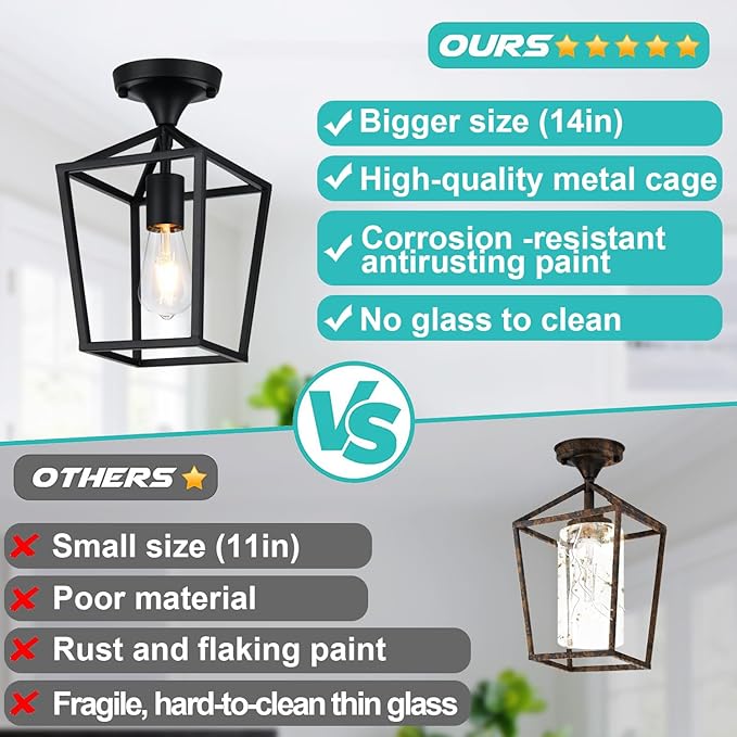 【Upgraded】Semi Flush Mount Ceiling Light, Black Industrial Ceiling Light Fixtures, Farmhouse Light Fixture for Hallway Stairway Garage Living Room Dining Room Balcony（Not waterproof, Not for Outdoor）