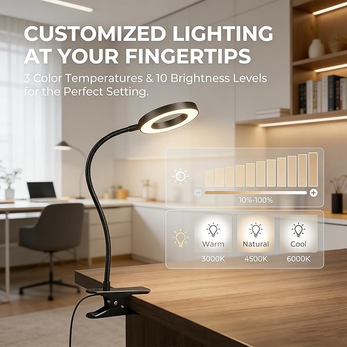 LED Clip On Book Light Desk Lamp with 3 Color Modes,10 Brightness Levels Flexible Arm Night Light,USB Powered Eye-Care Bedside Reading Light for Kids Books in Bed, Table Lamp for Home Office Dorm