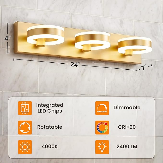 LED Bathroom Light Fixtures, 24inch Gold Vanity Lights, Modern 3 Light Acrylic Wall Sconces, 350° Rotatable Wall Lighting Fixture Over Mirror