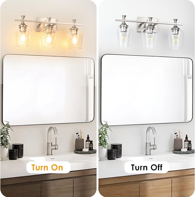 3 Light Bathroom Vanity Light - Silver Bathroom Lighting Fixtures Over Mirror, Modern Wall Sconces with Transparent Glass Lampshade for Bedroom Living Room Kitchen Cabinet Stair Hallway