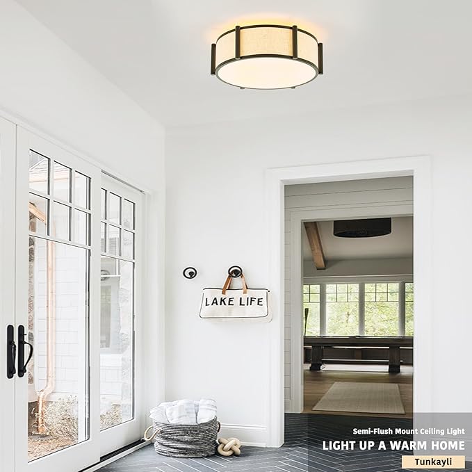 18" Semi Flush Mount Ceiling Light Modern 3-Lights Black Drum Ceiling Light Fixture with Fabric Linen Shade, Vintage Modern Ceiling Lighting for Laundry Room, Kitchen, Basement, Bedroom