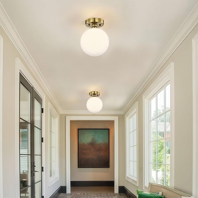Alighting Gold Semi Flush Mount Ceiling Light – 7" Opal Glass Globe, Mid-Century Modern Ceiling Light Fixture for Bedroom, Bathroom, Closet, Hallway, Entryway – Easy to Install