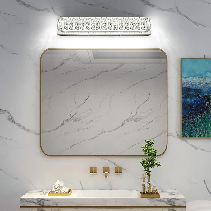 ZUZITO Crystal Bathroom Light Fixtures Over Mirror, 22.8in Modern LED Vanity Lights for Bath, Chrome Stainless Steel Bathroom Lighting, 6000K Bright White Light