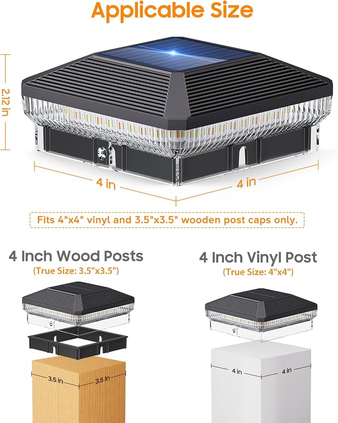 6 Pack Solar Post Cap Lights Outdoor with 3 Modes, 40 LEDs 4x4 Fence Post Solar Lights Outdoor Waterproof, 30 Lumens Fence Deck Post Lights Solar Powered for 4x4 3.5x3.5 Vinyl Wooden Post
