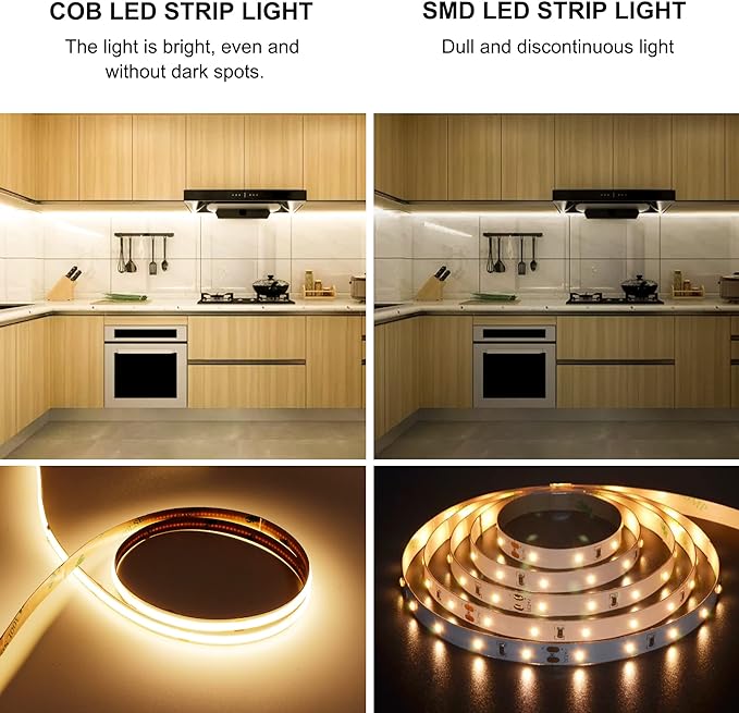 AXMOTUT COB LED Strip Light Warm White 24.6FT, High Bright LED Strips with 2400LEDs, RF Remote and UL Power Supply, 3000K Dimmable LED Lights for Bedroom, Kitchen, DIY Home Decoration