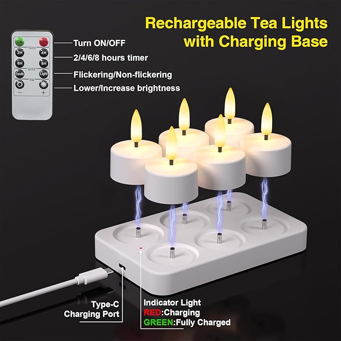 Flameless Tea Lights Candles with Charging Station,LED Tea Lights Candles with Remote Control Timer for Valentine's Day,Wedding,Centerpiece Table Decorations,Anniversary,Home Decor,6-Pack