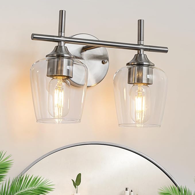 Bathroom Vanity Light Fixtures, 3-Lights Over Mirror Modern Vanity Lighting with Clear Wine Glass Shade Wall Lamp for Bedroom Hallway Living Room (Nickel, 2-Light)