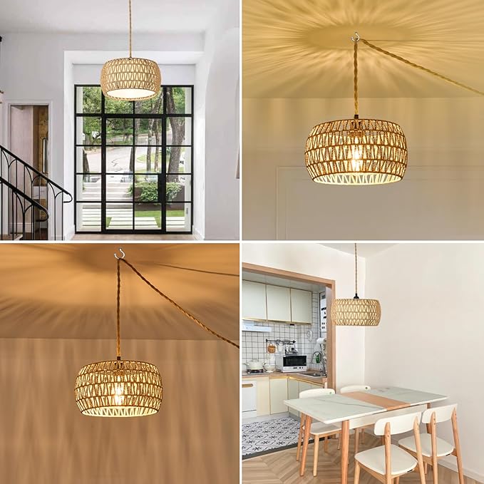 Boho Rattan Pendant Lights Farmhouse 12 Inch Plug in Chandelier Light Fixture Rustic Wicker Hand Woven Pendant Hanging Light with Cord for Dining Room Kitchen Bedroom Foyer Hallway