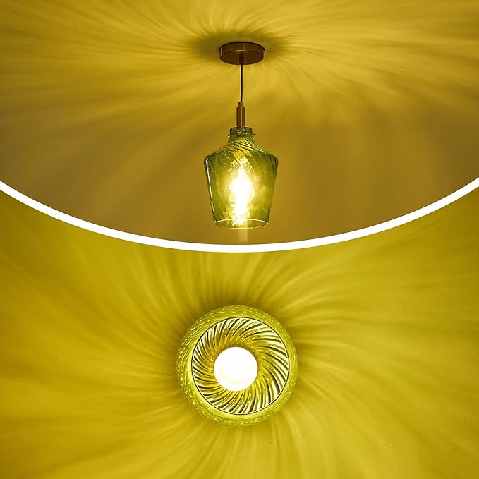 Modern Stripes Green Glass Pendant Lighting for Kitchen Island 1 Pack, Farmhouse Gold Pendant Light Fixtures, Height Adjustable Ceiling Pendant Light, 8 Inch