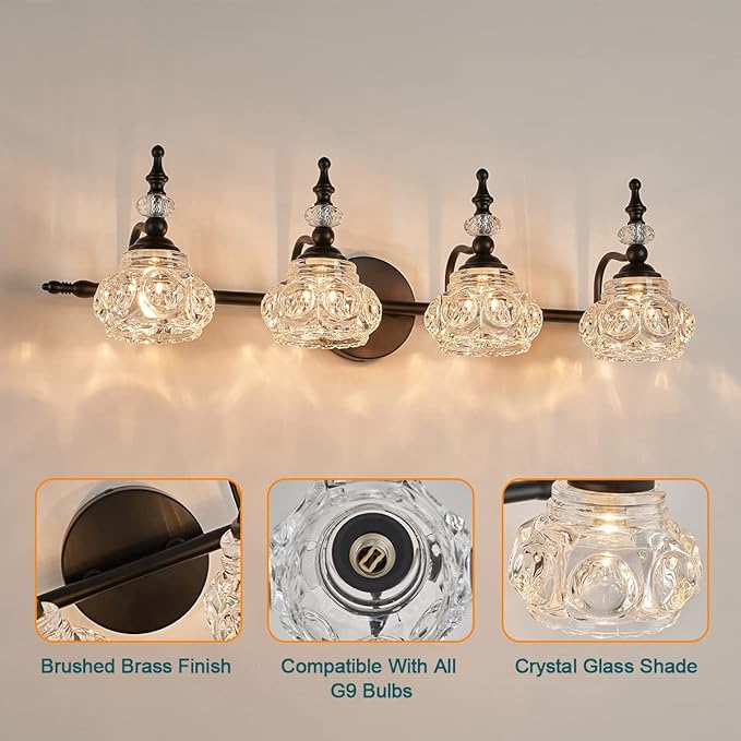 Vanity Light Fixture 4 Lights Bathroom Lighting Painted Black Surface with Thick Crystal Glass Shade, Vintage Vanity Light for Bathroom